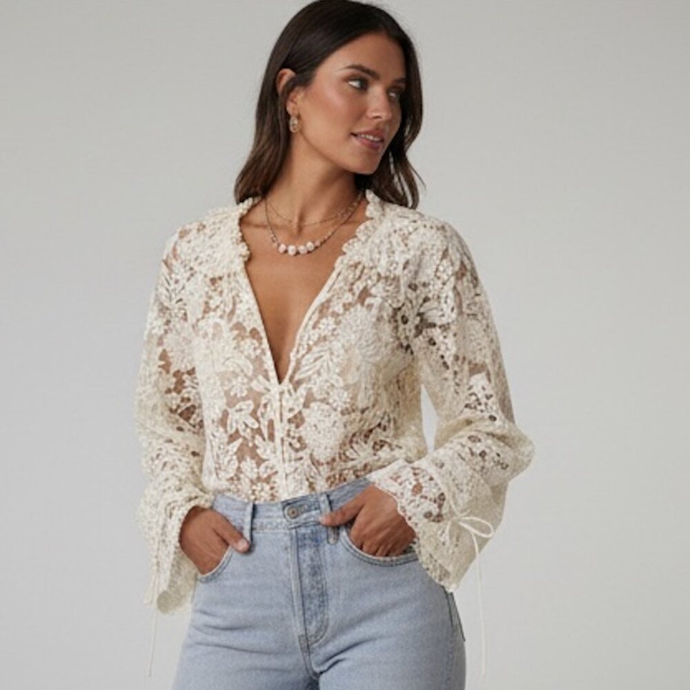 Boho Embroidered Lace Mesh Sheer Blouse Beige - Picture 2 of 8